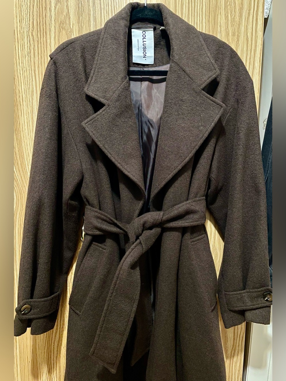 Womens Collusion Dark Brown Belted Wool-Blend Coat